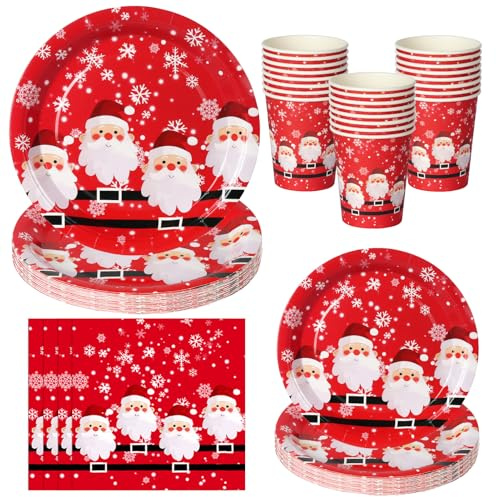PYAILI 64 Pieces Christmas Paper Plates and Napkins Set Santa Claus Dessert Plates, Paper Cups, Party Napkins Dinnerware for Table Decorations - 16 People