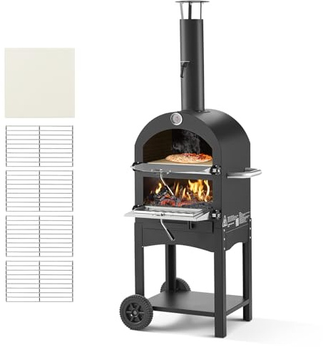 VEVOR Four à Pizza d’Extérieur 12 pouces 305 mm, Four à Granulés de Bois 2 Niveaux, avec Deux Roues Amovibles, Température Maximale de 538 °C, pour Réunion Camping Jardin Arrière-Cour Barbecue