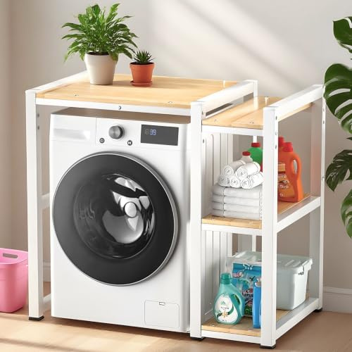 Estantería para lavadora para secadora con estante lateral, estante sobre lavadora, altura regulable, armario de lavadora con secadora para baño, cocina y lavandería (blanco)