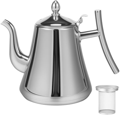 Stainless Steel Teapot 1.5L Large Capacity Coffee Servers Tea Kettle with Removable Strainer Ergonomic Water Pot for Induction Cookers Gas Stoves(Silver)