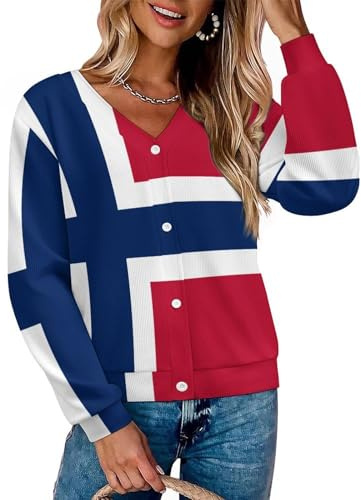Norwegian Flag Womens Long Sleeve Button Short Knit Cardigan Sweater Soft Comfort Coat