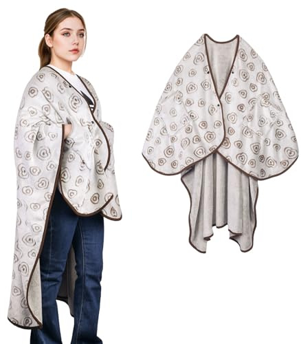SIVENKE Damponcho fleece bärbar filt flanell halsduk filt bekväm poncho-överkast cape med knappar och fickor för säng, soffa, kontor, hjärta, 140 x 163 cm