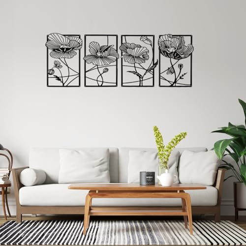 Shuqio Set di 4 decorazioni da parete con motivi floreali, quadri in metallo nero 40×28 cm, arte minimalista da parete per soggiorno, camera da letto, ufficio e altro.