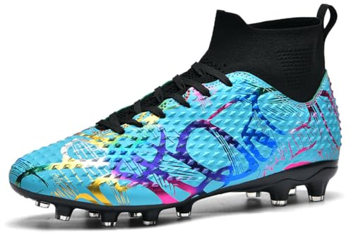 MINGSIBO Fotbollsskor för män, ungdomar, atletiska träningsskor, sportskor, konstgräs, unisex, hög topp, spike, fotbollsskor, professionell, tävling, utomhus, fotboll, blå, 44 EU