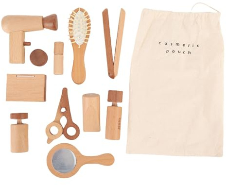 Taidda Set di Giocattoli per il Trucco in Legno, Simpatico Set da Gioco per Salone Bellezza con Accessori per Specchio per Asciugacapelli, per Ragazze Finta Giocare Giochi Ruolo
