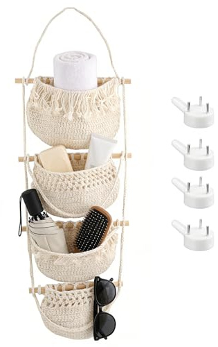 CHIHEUNG 4-stöckige Hängende Obstkörbe Boho mit 4 Haken | Handgewebte Baumwollseil Wandkörbe,Abnehmbare Hängekorb Organizer für Obst, Gemüse, Küche und Badezimmer, 104 cm