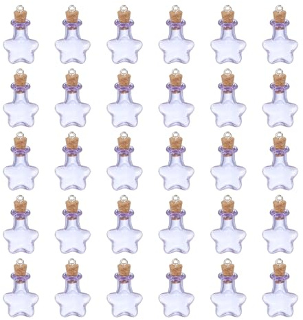 QUARKZMAN 30 Pcs Mini Bouteilles En Verre Petits Pots En Verre Violet | Étoiles Mignons Fioles Pendentifs, Petites Fioles Bouteilles À Souhaits Avec Bouchons En Liège Et Vis À Oeil