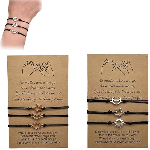 6 Piezas Pulseras de Cuerda Ajustables con Sol Luna Estrella, Pulsera de la Amistad Hecha a Mano con Tarjeta, Regalo Promesa para Pareja Amiga Hermana