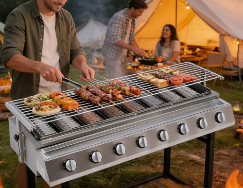Drmoxin Parrilla de Mesa, Parrilla Comercial de Gas GLP con tecnología de Calentamiento cerámico, Parrillas extraíbles, Altura Ajustable Altura y Bandeja de Aceite para Uso en cocinas Interiores B