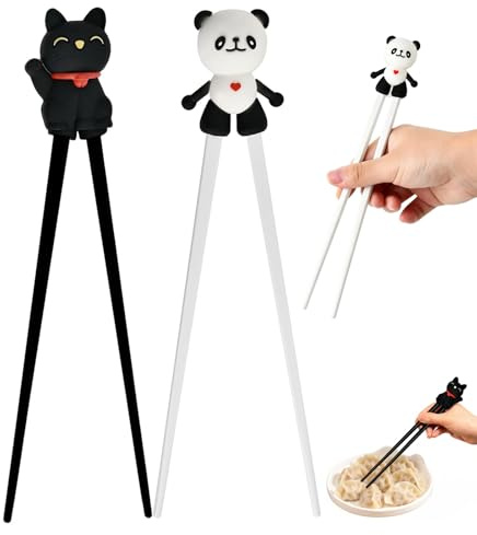 2 Pairs Chopsticks for Beginners, Reusable Non-Slip Training Chopsticks, Chop Sticks Learning Utensils, Chop Sticks for Beginners Eating Asian Noodles and Food(Panda Lucky Cat)