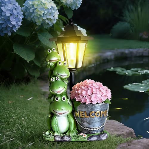HSEONEJIA Estatua solar de rana para exteriores, adornos familiares de rana de 13.4 pulgadas con linterna y maceta para decoración de jardín, balcón, patio, césped, regalos de cumpleaños para mujeres