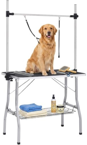 Profi Trimmtisch für Hunde & Katzen Klappbar - Höhenverstellbarer Tierpflegetisch mit Rutschfester Oberfläche - Stabiler Schertisch für Professionelle Heimpflege & Hundesalon, Schwarz 90x60x76cm