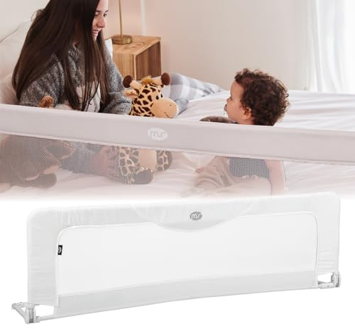 ms Baby World - Barrière de sécurité Portable pour Enfants | barrière de lit de Voyage | Pliable et Portable | Fixation sécurisée | 150 cm | avec sérigraphie (Blanc)