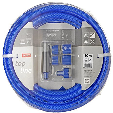 TATAY Kit Manguera de jardin Blue Line 10 metros Ø5/8 15mm, de 3 Capas, Hecha en España, Resistencia 28 bares y +60°/-20°, Trenzado, Libre de Cadmio y Plomo, Libre de BPA, Anti-UV, Color Azul