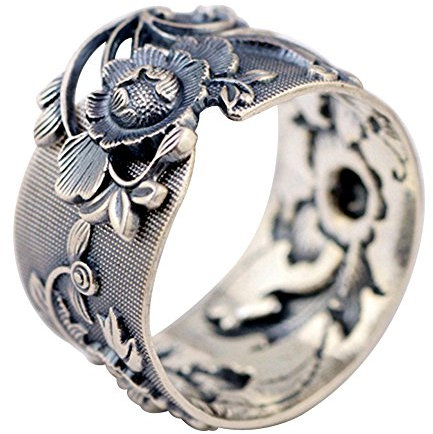 Damen Schwarz Breit 999 Sterling Silber Orientalische Pfingstrose Blume Ring 15mm Offen Verstellbar