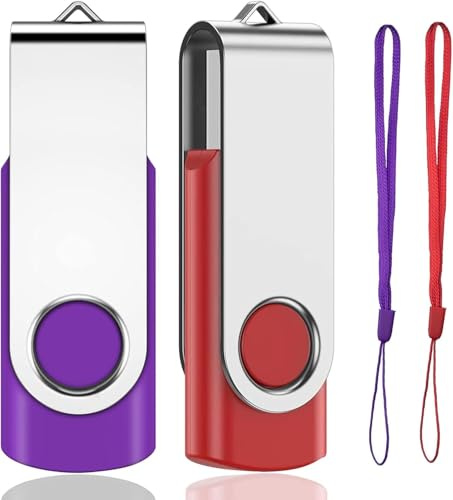 Memory Stick 64GB 2 PACK USB Stick 2.0 Pen Drive Swivel Design Photo Memory Sticks Fold Storage (Red/Purple With Lanyard)