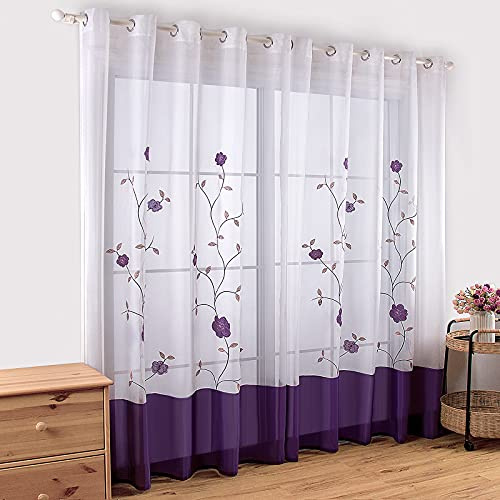 SIMPVALE Vorhänge mit Ösen, Blumenmuster Lila, 140x175 cm (B x H), 2er Set | Transparent Polyester Voile Vorhang, Stores Gardine Schals für Schlafzimmer, Wohnzimmer, Esszimmer, Heimbüro