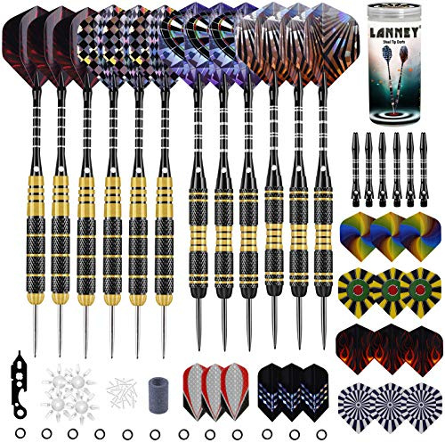 LANNEY Steel Tip Darts Steel Tip Set Professional Darts, 24 Grams and 20 Grams Metal Tipped Dart with Aluminum Shafts and Brass Barrels, Extra Flights, Sharpener Tool Kit, Carrying Case, 12 Pack
