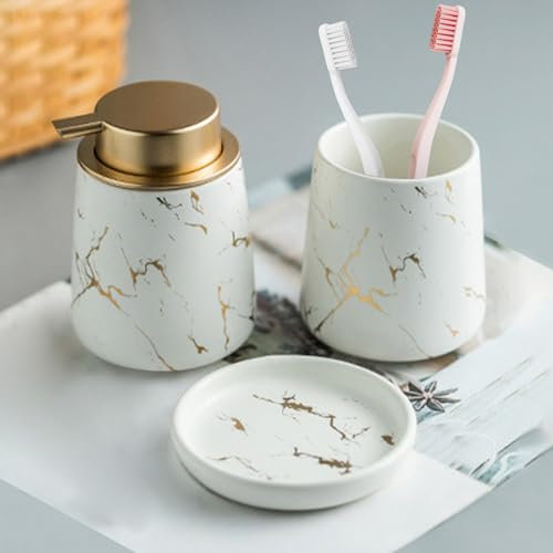 Set di 4 accessori da bagno effetto marmo, set completo in ceramica con dispenser di sapone, porta spazzolino da denti, bicchiere, portasapone, bianco opaco (3 pezzi)