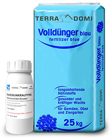 TerraDomi Rasendünger Blaukorn 25kg mit 500ml Rasenunkrautvernichter, Referenzmittel: Dicotexfür bis zu 600 m2 I unschlagbare Zweifachwirkung, gegen gängige Unkräuter