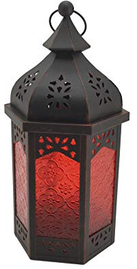 Rebecca Mobili Ethnische Laterne, dekorativer Kerzenhalter, Rot Schwarz, Metallglas, Balkon Wohnzimmermöbel - Maße: 32 x 16 x 14 (HxLxB) - Art. RE6557