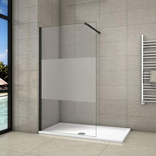 Walk In Doccia 100x200cm Vetro 8mm Striscia Satinata/Opaca Barra 73-120cm | ANTI FRANTUMI, Anticalcare, Vetro Temperato, Telaio Nero Opaco