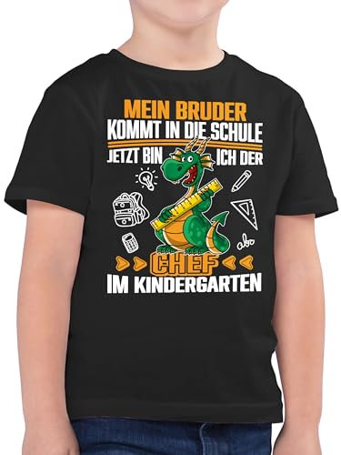 Kinder T-Shirt Jungen - Hallo - Mein Bruder kommt in die Schule! Jetzt Bin ich der Chef im Kindergarten - weiß/orange - 116 (5/6 Jahre) - Schwarz - Geschenke zum Kita Start Kindergartenkind Schule