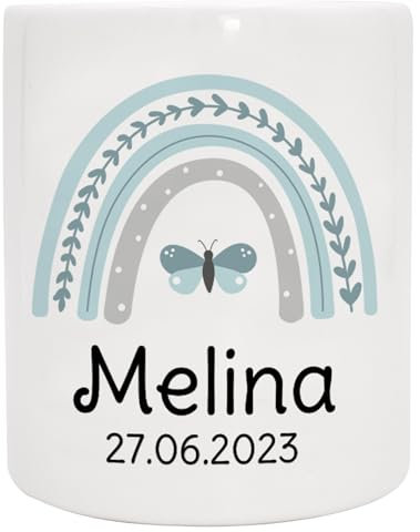 Personalisierte Spardose mit Namen und Datum - Regenbogen mit Schmetterling - Geld Dose aus Keramik – Geburtstag - Weihnachten- Geldgeschenk - Geschenk zur Taufe - Blau