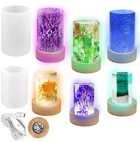 2 Stück Harz-Silikonform, zylindrische Epoxidharzform, sechseckige Harzform und Holzsockel mit USB-Stromversorgung für DIY-Schreibtisch-Dekoration, Tischlampe, Heimdekoration