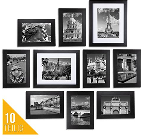 Postavo 10er Bilderrahmen Set - 8x für [9x13cm] Bilder & 2x für [18x13cm] - Schwarze Bilderrahmen Collage - Hochwertige Fotorahmen aus Holz - Hoch- oder Querformat - Stehend/Hängend