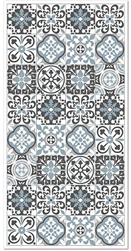 Panorama Tapis Vinyle - Modèle Carreaux Ciments Triana Gris et Bleu 60x110 cm - Différentes Tailles - Deco Maison, Cuisine, Chambre et Exterieur