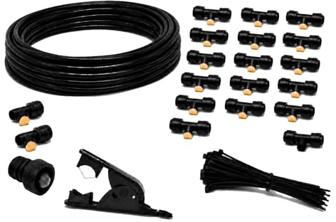 SUPERFOG - Kit de Nebulizador para Terraza. Compuesto por: 18 Toberas de Latón de enfriamiento, 20 Metros de Tubo Negro, 50 Bridas, 1 Cortatubos, 1 Enlace de grifo y 1 T de Distribución