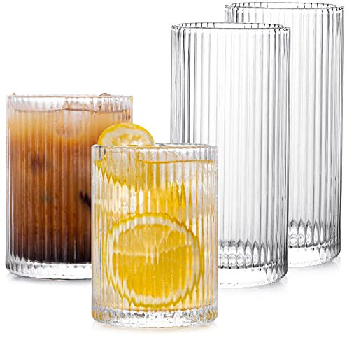 Drinking Glasses with Origami Style Set of 4pcs Glass Cups, 2 Highball Glasses & 2 Rocks Glasses, Elegant Ripple Vintage Glassware, Iced Coffee Glasses, Ideal for Cocktail, Whiskey,Beer