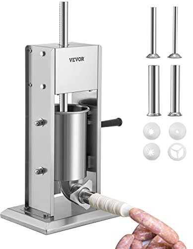 VEVOR Manual Sausage Stuffer, 5LBS/3L Capacity, Two Speed 304 Stainless Steel Vertical Sausage Stuffer, Sausage Filling Machine with 4 Stuffing Tubes, Suction Base for Household or Commercial Use