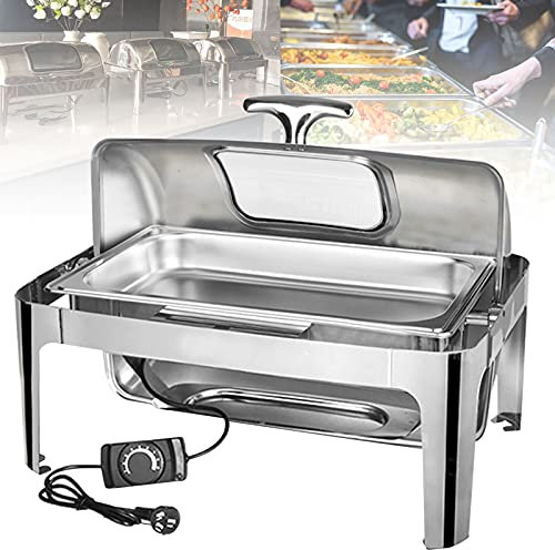 Tour Buffet 9L 13L Chafing Dishes Chauffe Plats Inox Plaques Chauffantes pour Chauffer Plats, Chauffage Electrique et Chauffage Alcool, Ouverture et Fermeture 90° + Température Réglable (13l Full)