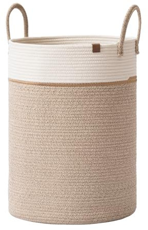 La Jolíe Muse Large Storage Basket - Cotton Rope Laundry Basket with Handle for Diaper Blanket Toy Towel Woven Laundry Basket Home Decor, White & Desert-L