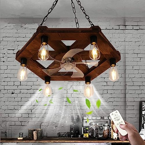 KZT Ventilateurs de plafond en bois avec Éclairage Silencieux E27 Rétro Fan Plafonnier Avec Télécommande Vintage Industriel Lampe Suspensions pour Salon Chambre Salle à Manger Cuisine Lumière