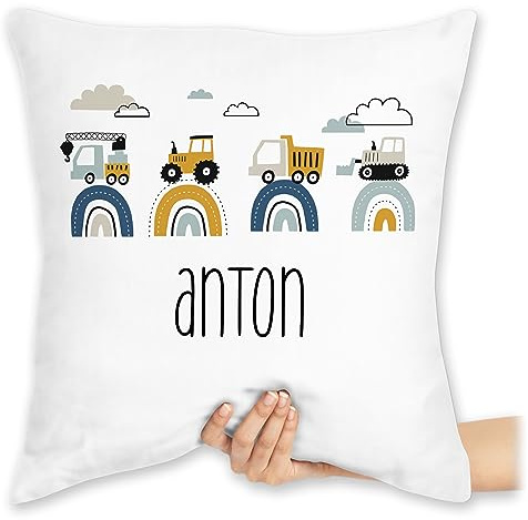 Kissen 40x40 Zierkissen - Baustelle I Traktor I Bagger I Kran I Kipper I LKW I Planierraupe - 40 x 40 cm - Weiß - baustellen kuschelkissen trecker bulldog traktor, sitzkissen traktorkissen kinder