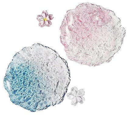 Set di 2 piatti da dessert in vetro trasparente, motivo floreale rosa e blu, per antipasti, gelati, frutta, insalata, set di 2 stoviglie in vetro trasparente, per tè pomeridiano, matrimoni, feste