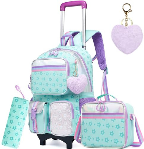 Meetbelify Rollender Rucksack für Mädchen - Niedlich Handgepäck mit Rädern, Lunchbox und Federmappe - Schulrucksack für Mädchen 8-10 Jahre - Stern Grün