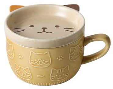 Jolie tasse à café en céramique avec couvercle et soucoupe avec poignée, cadeau d'anniversaire (chat jaune)