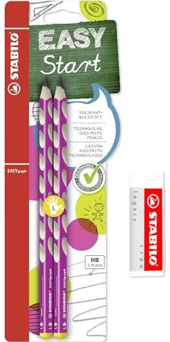 STABILO EASYgraph Handschrift-Bleistift – 2 Stück – HB + Legacy-Radiergummi (linkshändig, Pink)