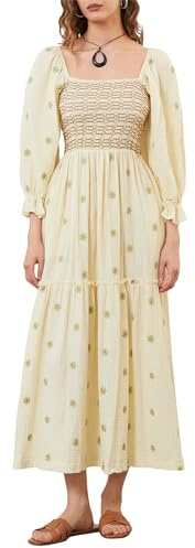 Felcia Women's Long Sleeve Maxi Dress Square Neck Flower Embroidered Backless Bohemian Flowy Dress Elegant Beach Long Dress