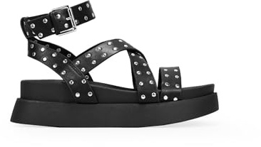 BOSANOVA Sandalen 'Grunge' mit drei breiten Streifen mit kleinen silbernen Nieten und Plattformsohle mit Bio-Plattform, Armbandverschluss mit Schnalle, Damenschuhe, Schwarz , 38 EU