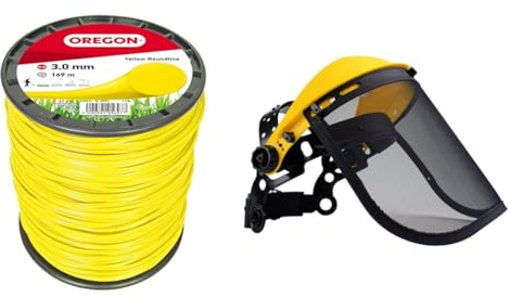 Oregon Hilo Redondo Amarillo para Desbrozadoras y Cortacésped, Nailon de Calidad Profesional & Visera de Seguridad con Malla Metálica Protectora, Protección Facial Ajustable