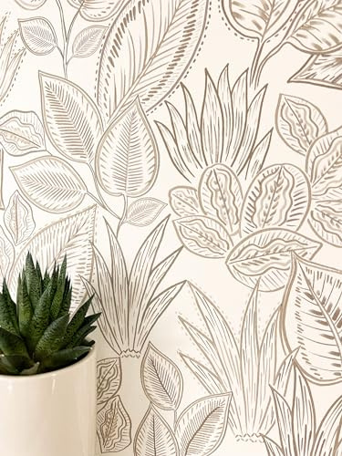 Newroom Vliestapete Weiß Dschungel Botanisch Tapete Wohnzimmer | Dschungelmotiv Line-Art Blätter Palmen Gräser, mattes Finish glatte Struktur, Boho Skandinavisch, Mustertapete Schlafzimmer