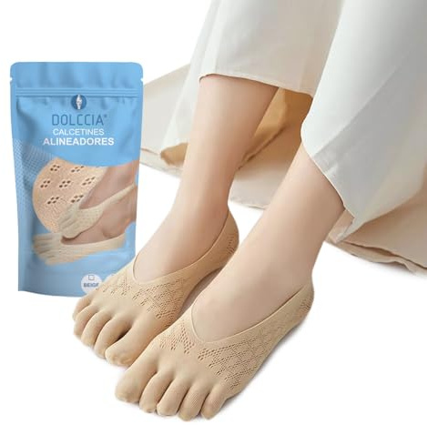 DOLCCIA - Calcetines Alineadores Cinco Dedos Para Mujer y Hombre, Invisibles de Algodón, Corte Bajo Transpirables, Ortopédicos, Realineación Natural del Pie (Estándar, Beige)