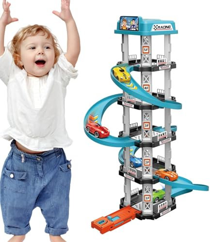 Husoiuy Garage per macchinine, rampa per auto per bambini,Set da gioco per pista da corsa per bambini | Giocattolo creativo da pista per giochi di ruolo per bambini da 1 a 3 anni con 2 auto
