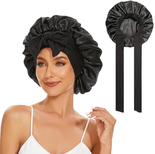 Catelves Satin-Schlafhaube Bonnet für Lange Haare, Verstellbar, Schwarz | 36 cm Durchmesser Mit Breitem Bindeband, Für Locken, Zöpfe Und Voluminöse Frisuren, Weich Und Leicht