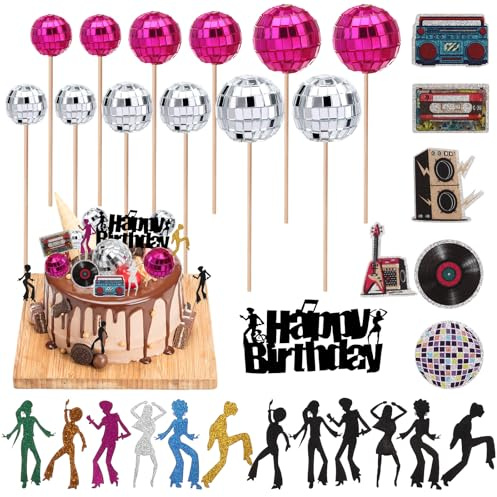 Draupnir 31 Pièces Disco Boule Décoration De Gâteau, 1970s Disco Ball Cupcake Toppers, Happy Birthday Cake Topper Gâteau Thème Disco des Années 70s Pour Fêtes D'anniversaire et Mariages